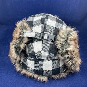 Wild Wear Warm Winter Hat Flannel Pattern with Faux Fur One Size Fits Most